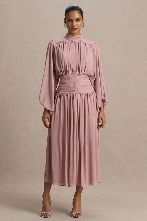 Annabel Dusty Pink High Neck Midi Dress With Drop Waist And Pleated Detailing
