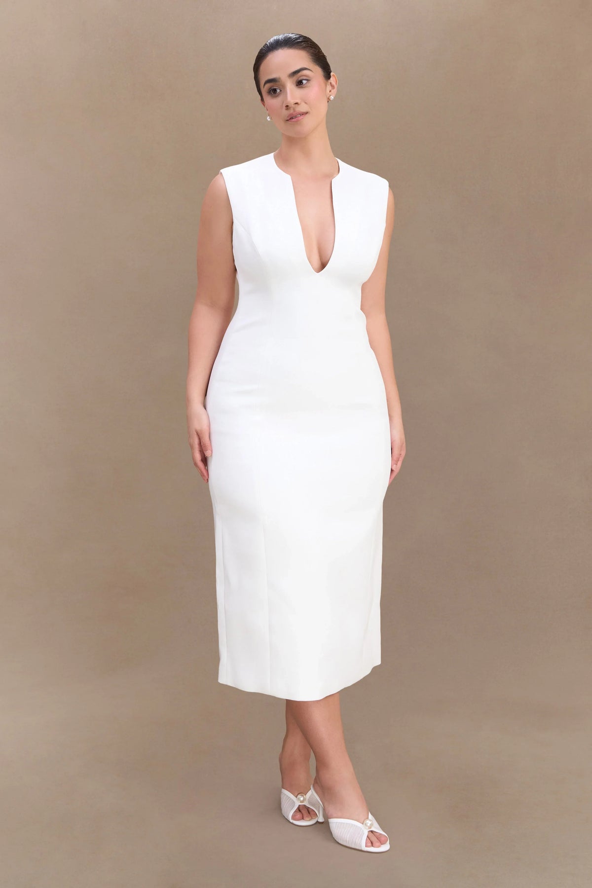 Audrine Suiting Sleeveless Midi Dress Ivory