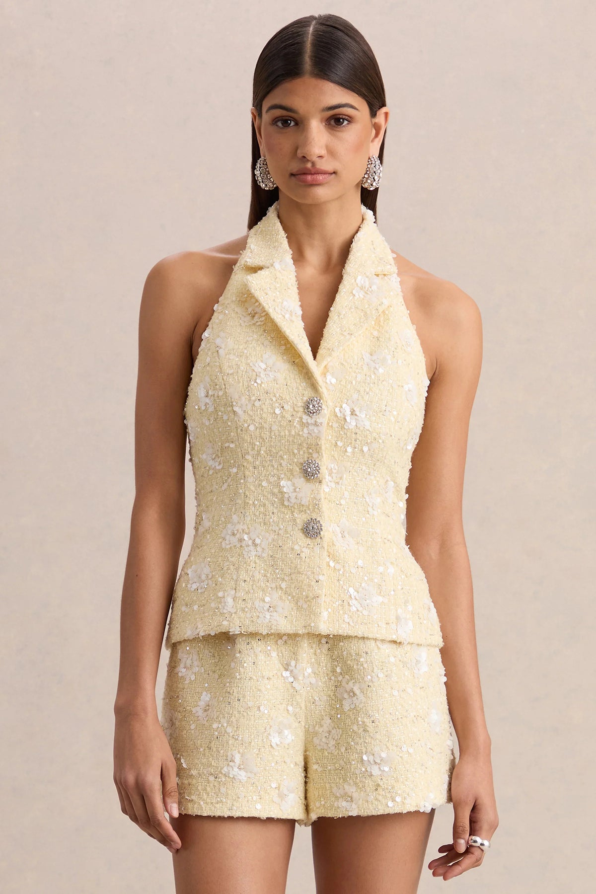 Alba Lemon Boucle Plunge Neck Crop Top