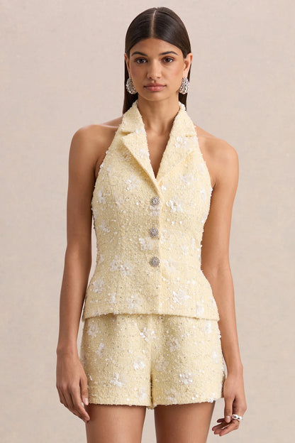 Alba Lemon Boucle Plunge Neck Crop Top