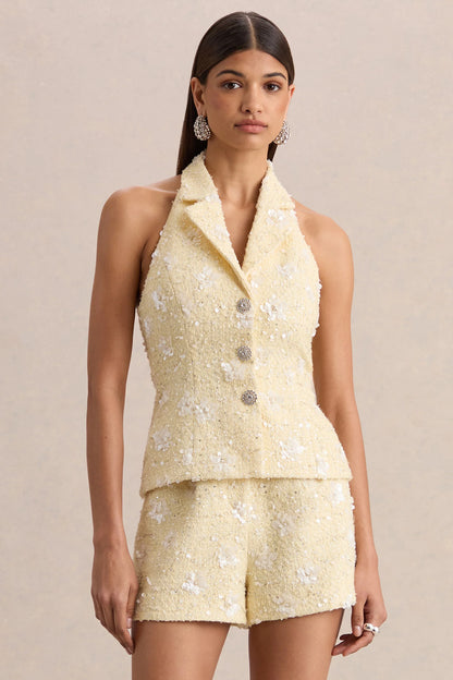 Alba Lemon Boucle Plunge Neck Crop Top