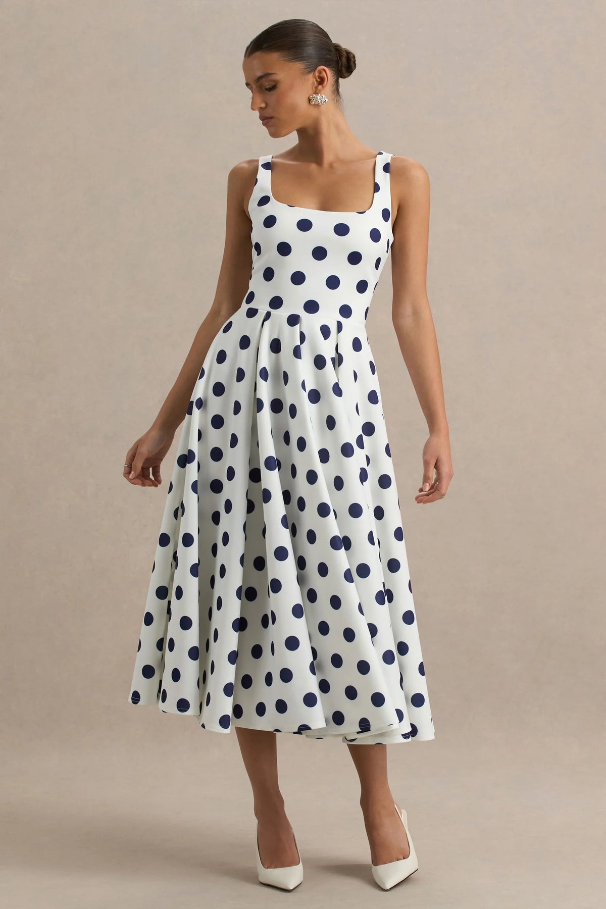 Berta White And Navy Polka Dot Square Neck Midi Dress