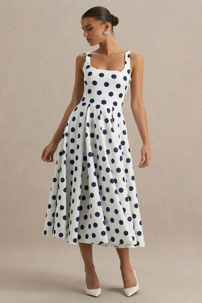 Berta White And Navy Polka Dot Square Neck Midi Dress