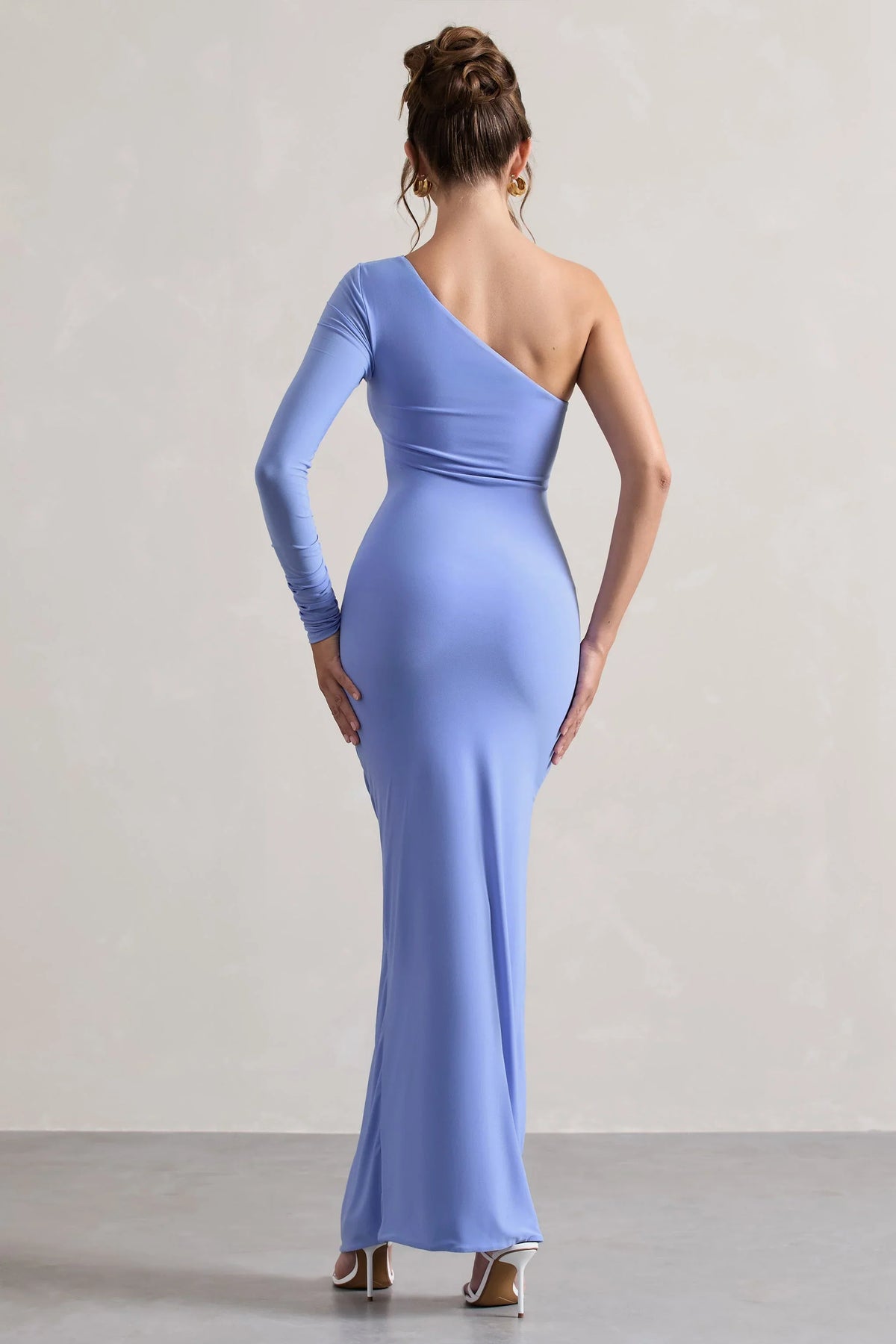 Anima Pale Blue Asymmetric Ruched One Sleeve Maxi Dress