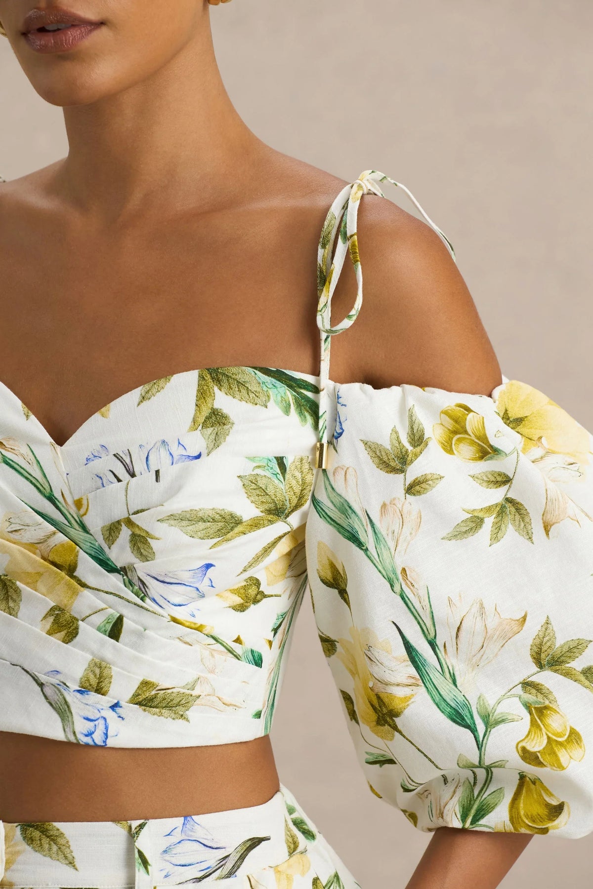 Amberly Lemon Floral Print Plunge Neck Ruffled Crop Top