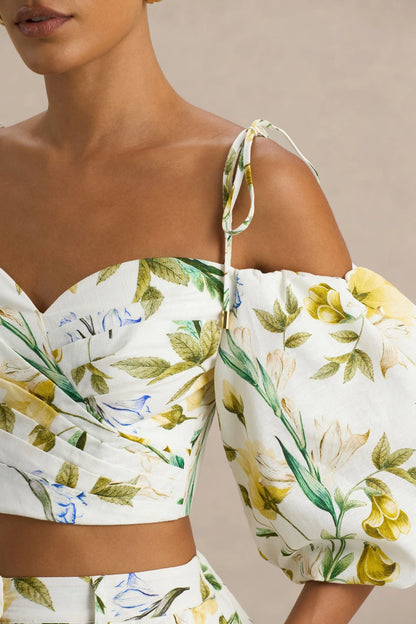 Amberly Lemon Floral Print Plunge Neck Ruffled Crop Top