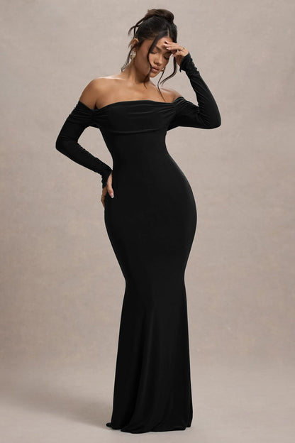 Amaia Black Bardot Long Sleeve Maxi Dress
