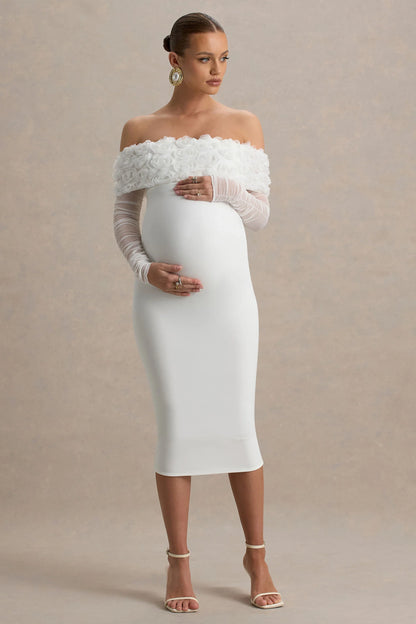Adita White Mesh Floral Bardot Maternity Midi Dress