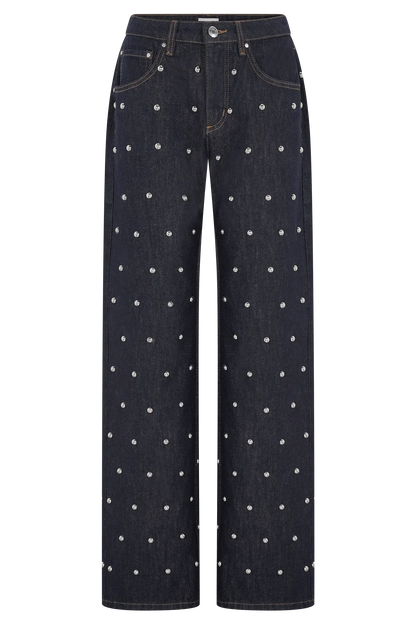 Alima Mid Rise Stud Denim Jeans Washed Indigo Blue