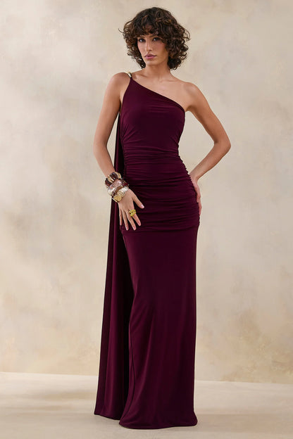 Bettine Burgundy Asymmetric Neck Maxi Dress With Cape Sleeve