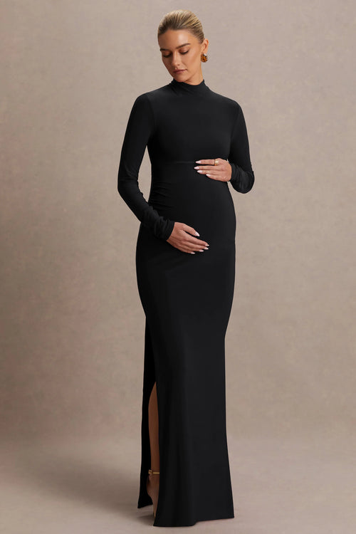 Alejandra Black Maternity Long Sleeve High Neck Maxi Dress