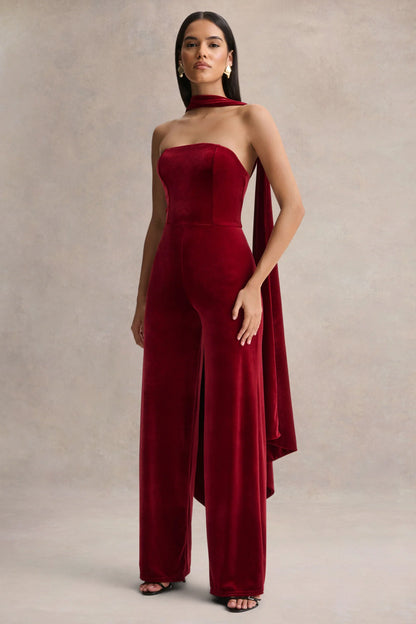 Arcane Burgundy Velvet Bandeau Jumpsuit With Scarf