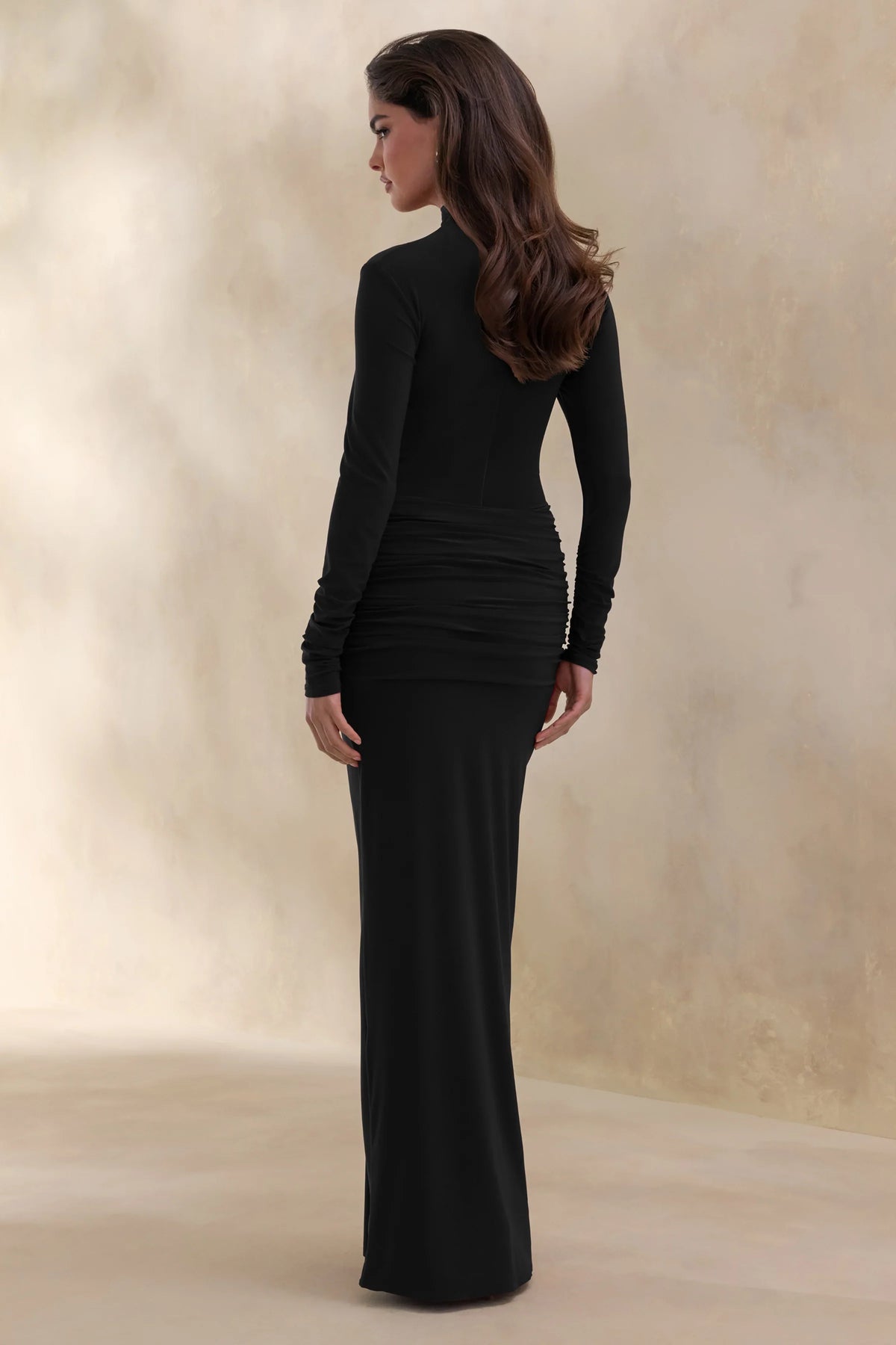 Ambrette Black High Neck Maxi Dress With Gathered Detailing