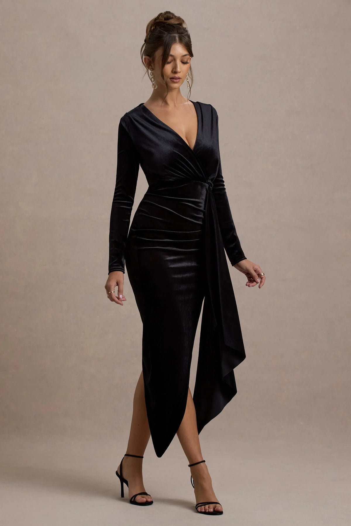 Arcadia Black Velvet Plunge Neck Wrap Midi Dress