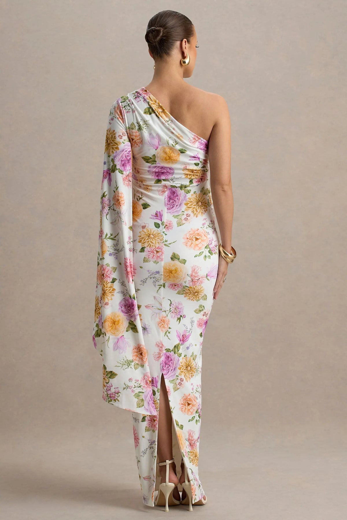 Aliana Peach And Lilac Floral Print Asymmetric Maternity Maxi Dress With Ruched Detailing