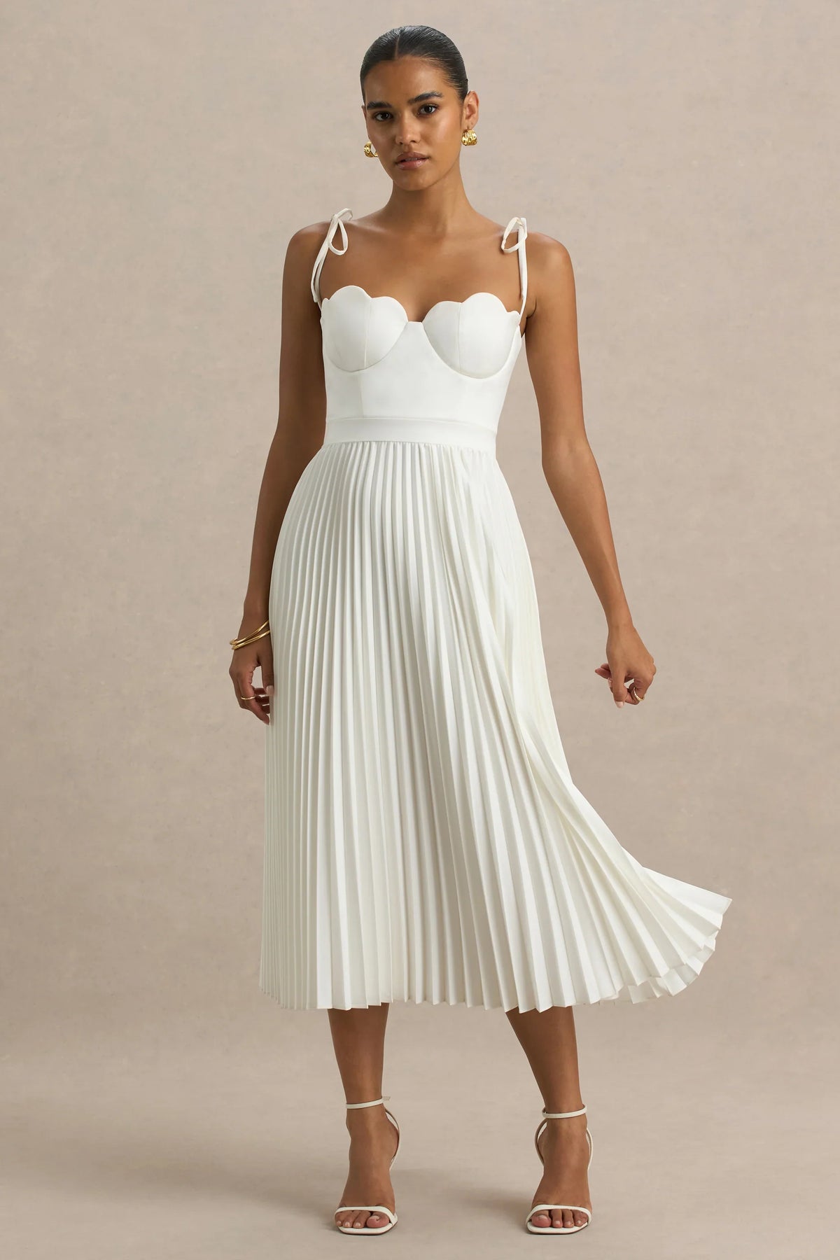 Agua Cream Satin Sweetheart Midi Dress With Pleated Skirt