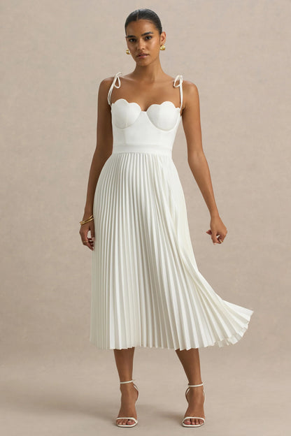 Agua Cream Satin Sweetheart Midi Dress With Pleated Skirt