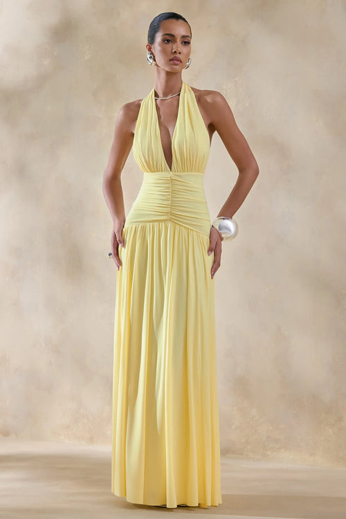 Bettina Lemon Plunge Neck Maxi Dress With Gathered Detailing