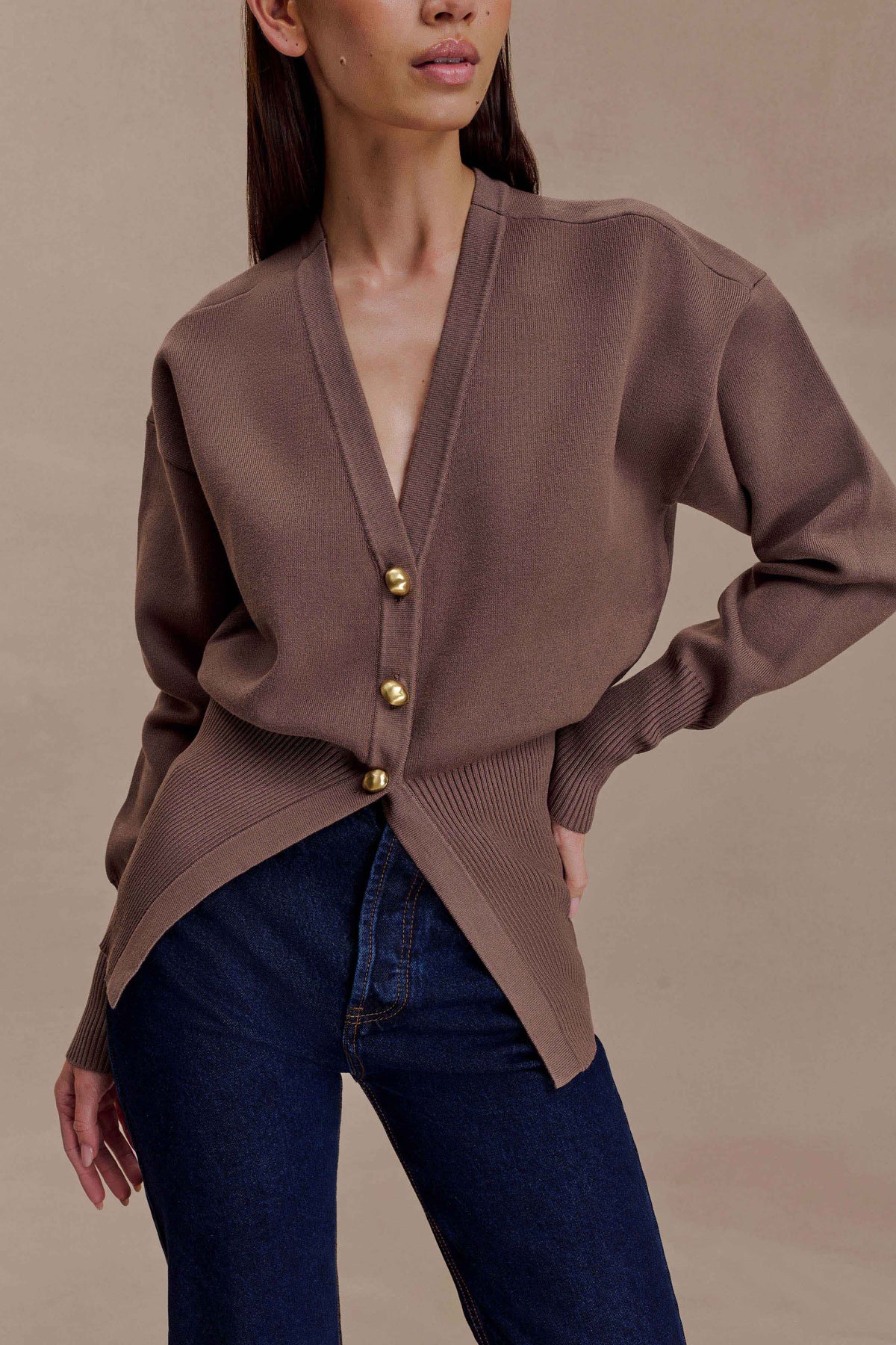 Amanda Statement Button Knit Cardigan Cacao Brown