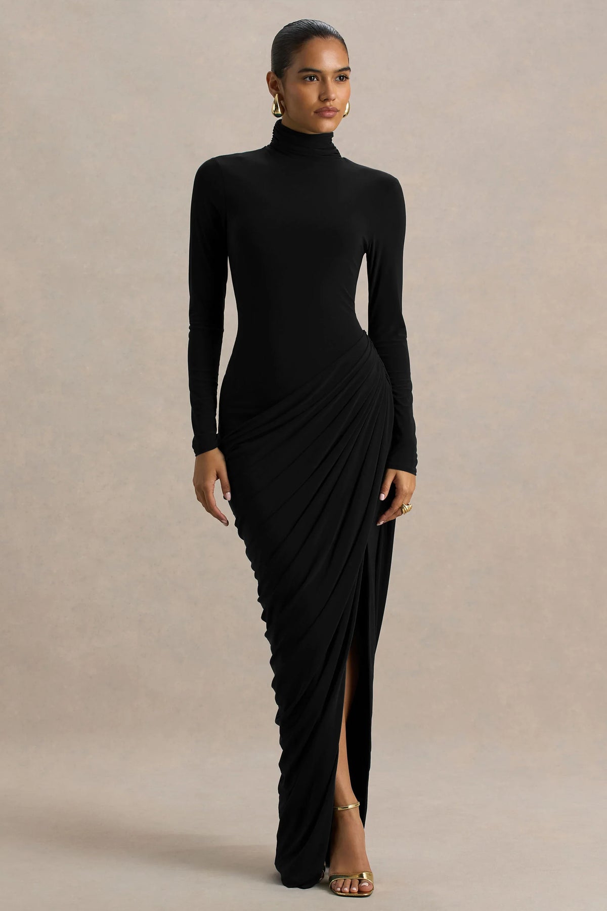 Betsy Black High Neck Maxi Dress With Front Split And Ruched Detailing