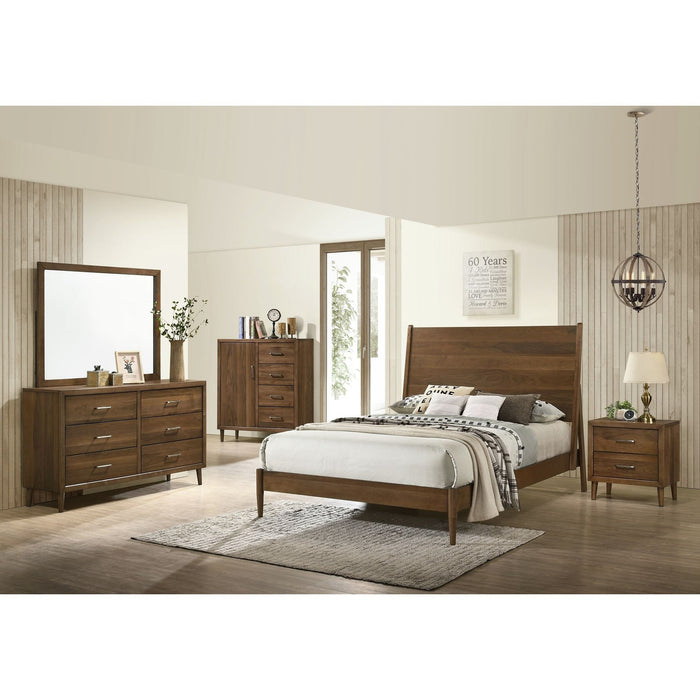 Front-facing view of the vertical mirror elegantly placed on a matching dresser, showcasing its rich wooden frame and clean design.