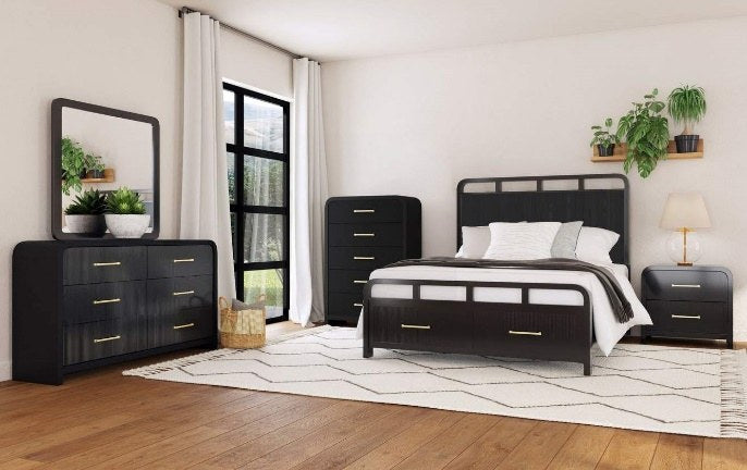 Elegant vertical mirror featuring a dark wood finish, gracefully positioned atop a coordinating dresser, showcasing its full design within a modern bedroom set.