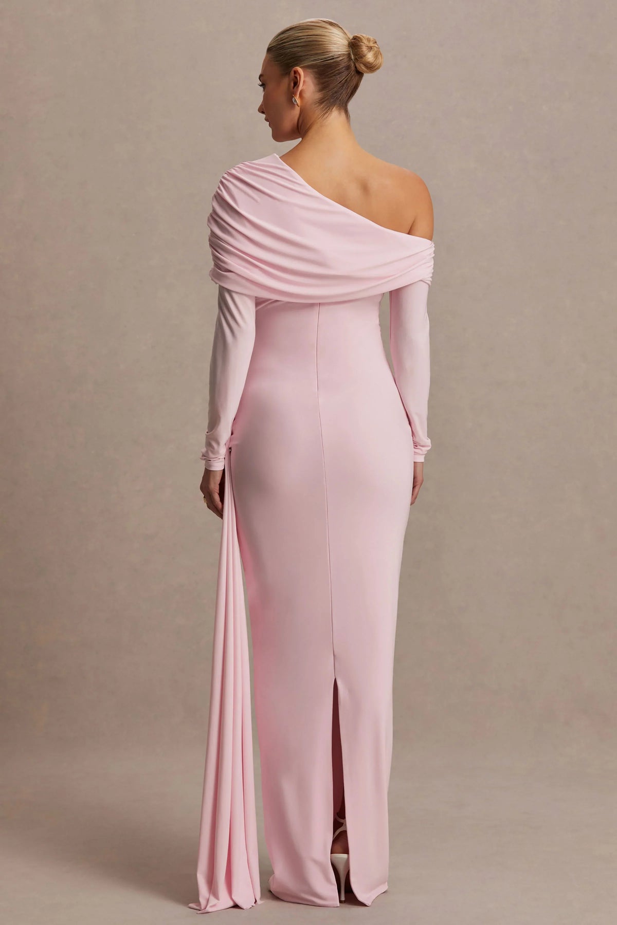 Amara Blush Pink Asymmetric Neck Maternity Maxi Dress With Sash Detail