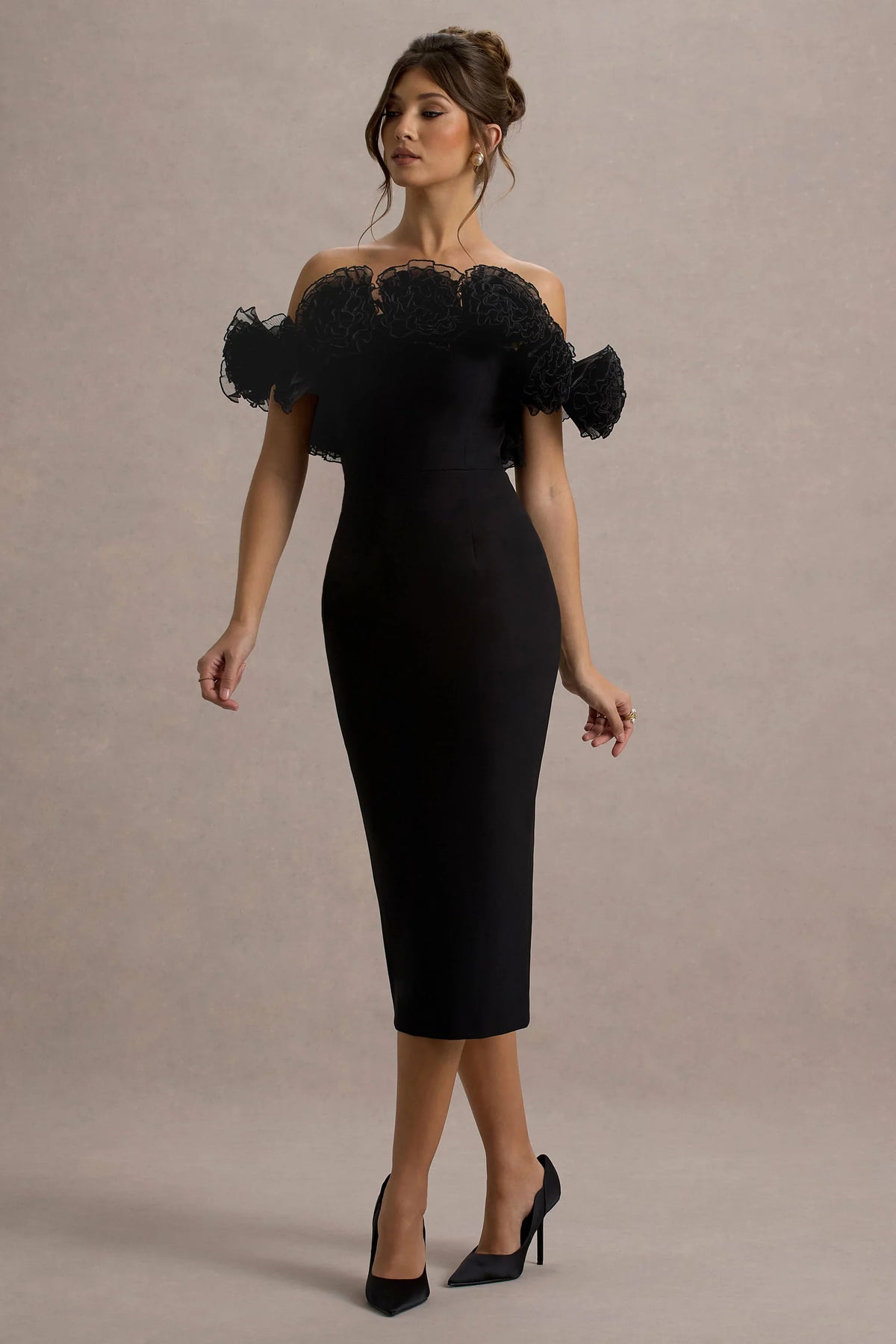 Alizzi Black Bardot Midi Dress With Ruffle Trim