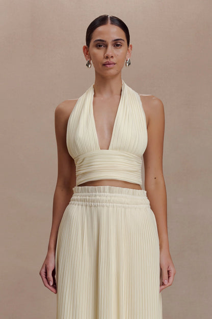 Amaris Sleeveless Plisse Halter Top Lemon