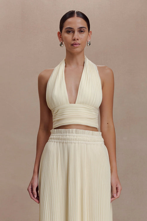 Amaris Sleeveless Plisse Halter Top Lemon