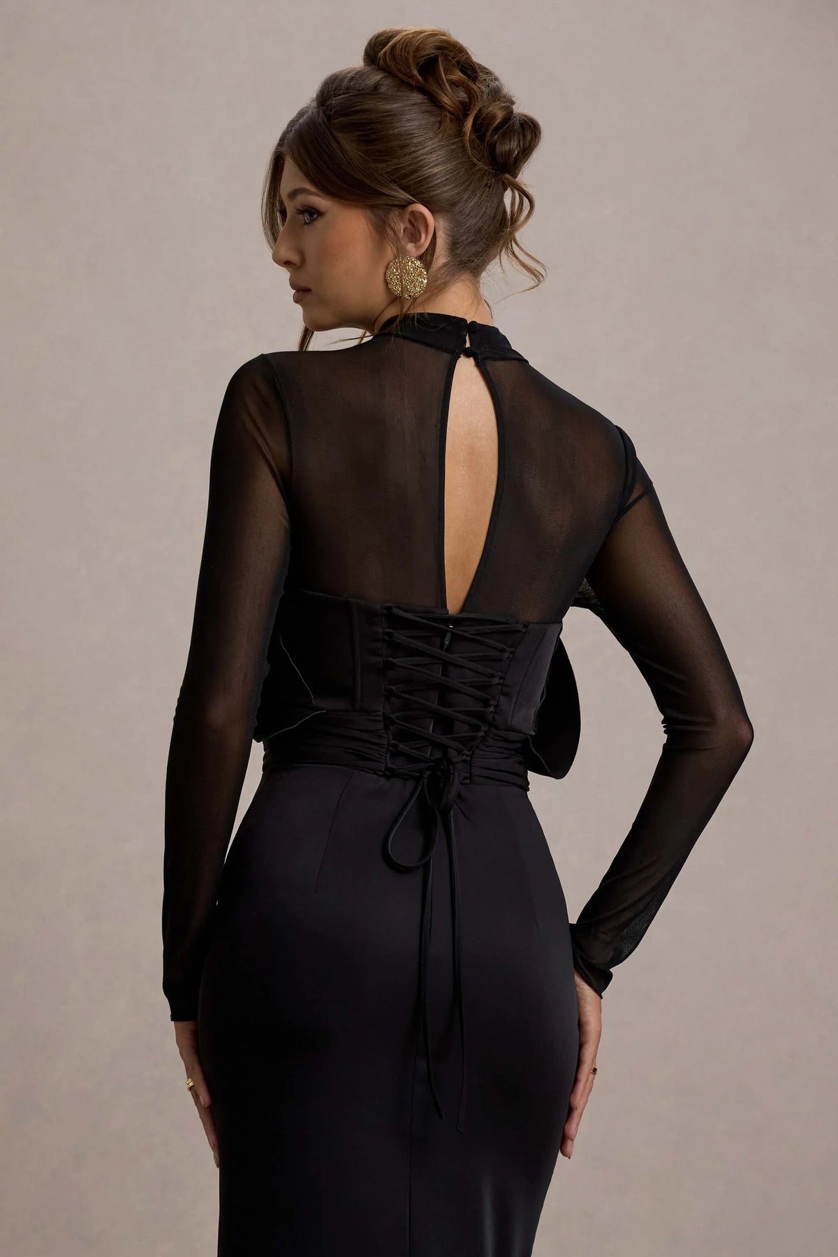 Alder Black Mesh Long Sleeve Ruffled Split Maxi Dress