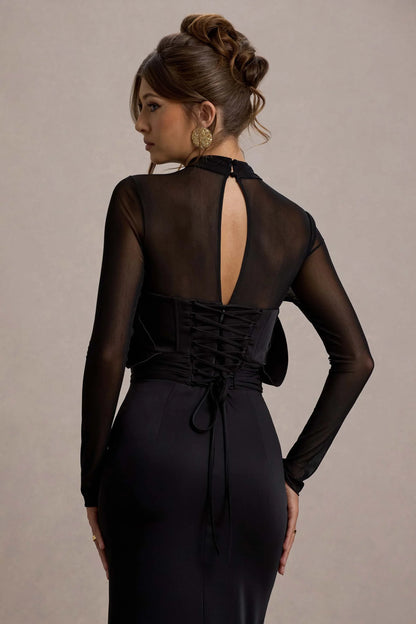 Alder Black Mesh Long Sleeve Ruffled Split Maxi Dress
