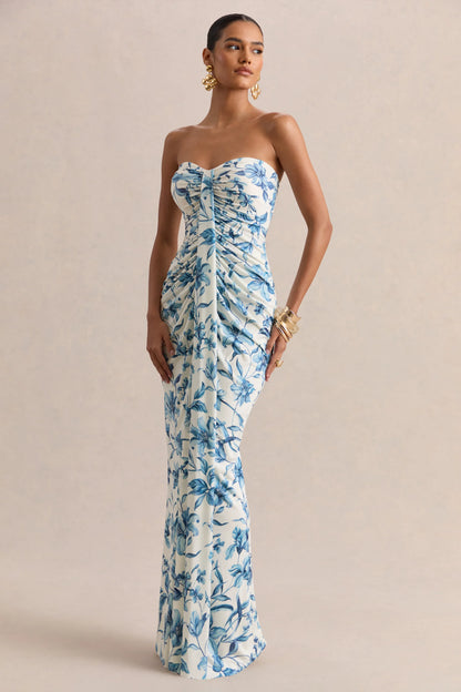 Ali Blue Porcelain Print Sweetheart Ruched Wrap Maxi Dress