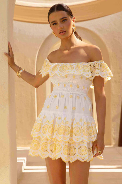 Andrea Lemon and White Broderie Ruffled Bardot Mini Dress