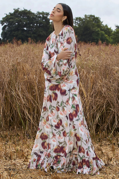 Althena Cream Floral Print Balloon Sleeve Maxi Dress