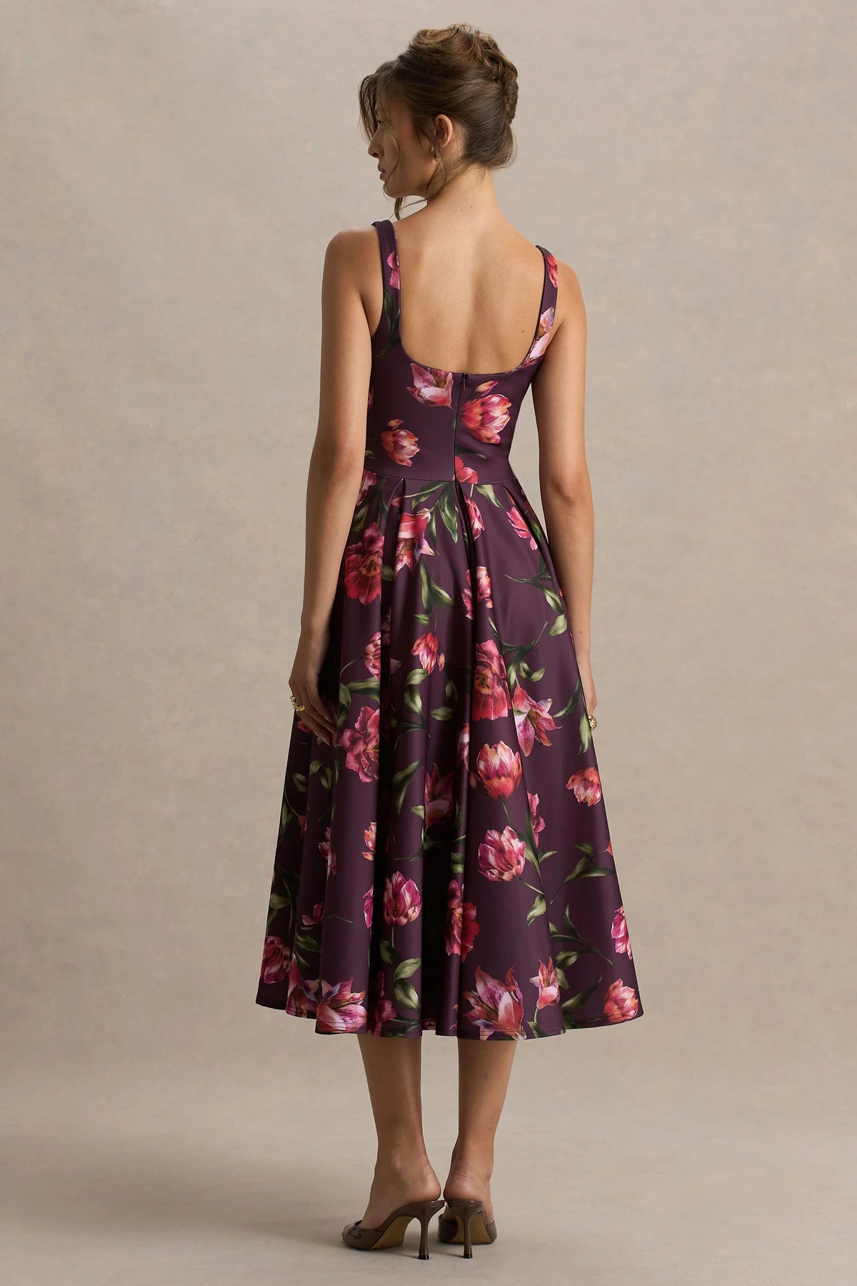 Berta Burgundy Floral Print Square Neck Midi Dress