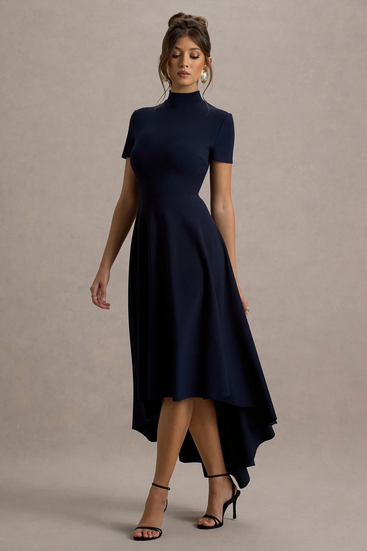 Bellona Navy High Neck High Low Midi Dress