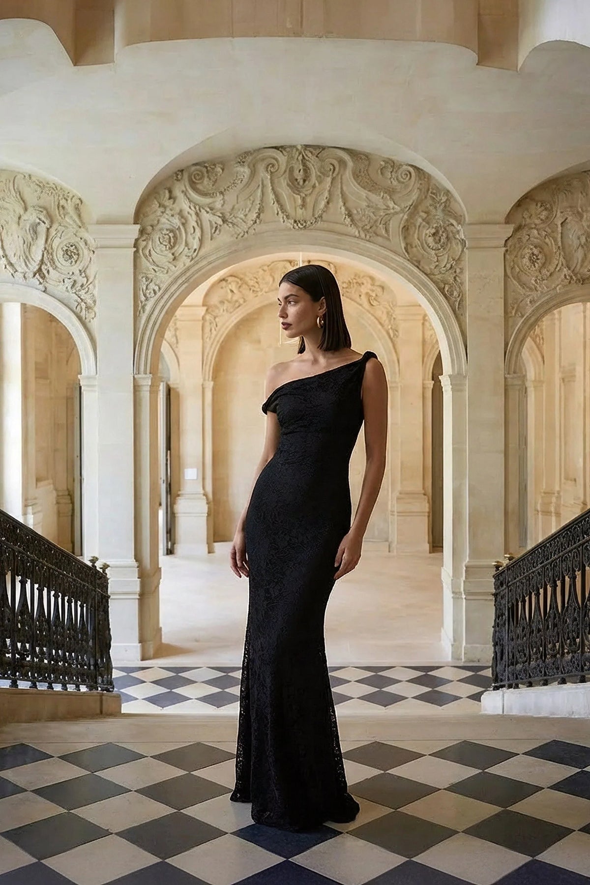 Afina Black Lace Asymmetric Neck Maxi Dress