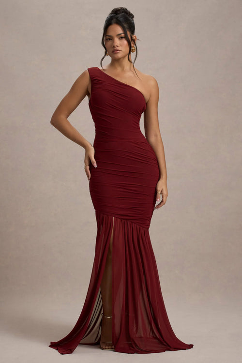 Bastia Burgundy Ruched Mesh Asymmetric Maxi Dress
