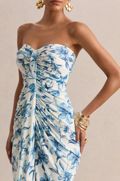 Ali Blue Porcelain Print Sweetheart Ruched Wrap Maxi Dress