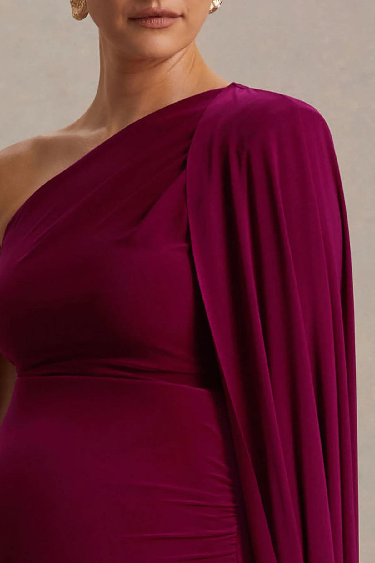 Amaryllis Berry Maternity One Shoulder Maxi Dress with Cape Sleeve
