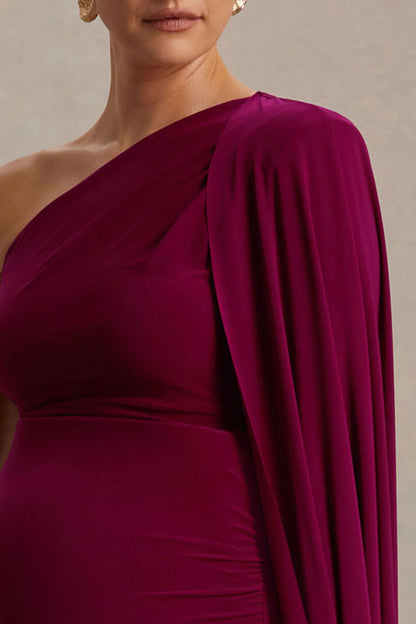 Amaryllis Berry Maternity One Shoulder Maxi Dress with Cape Sleeve