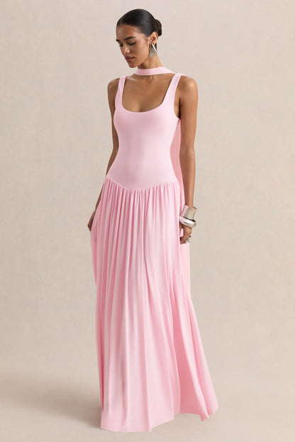 Aurina Pink Square Neck Maxi Dress With Scarf Detail