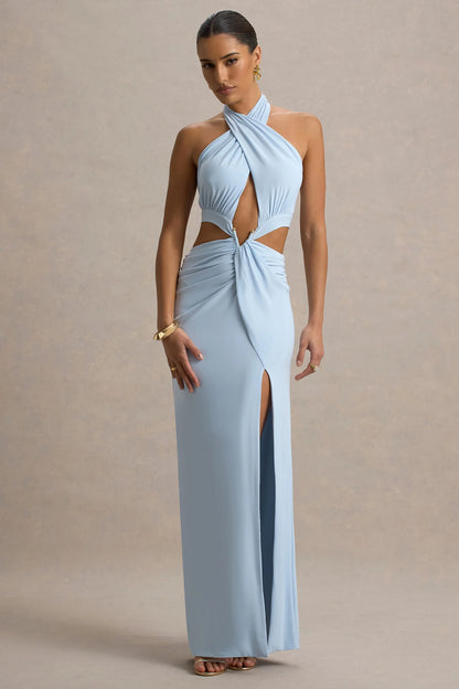 Aura Powder Blue Halter Neck Cut Out Split Maxi Dress