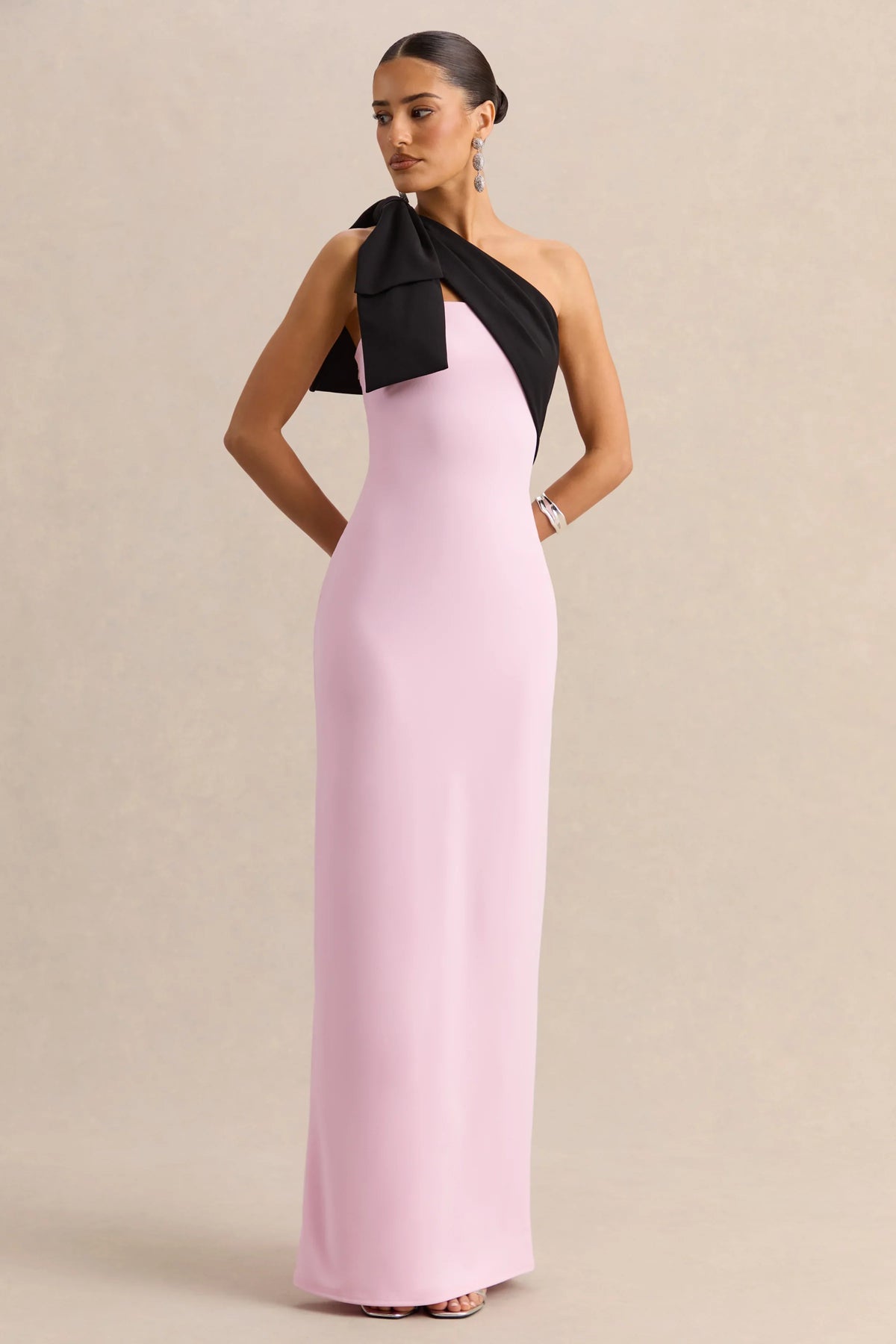 Adara Pink Black Asymmetric Neck Maxi Dress With Bow Detail