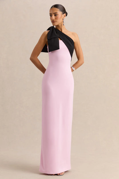 Adara Pink Black Asymmetric Neck Maxi Dress With Bow Detail