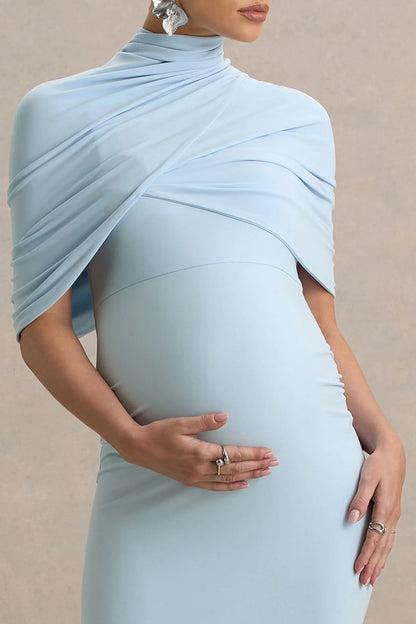 Augustina Powder Blue Maternity Midi Dress With Cape