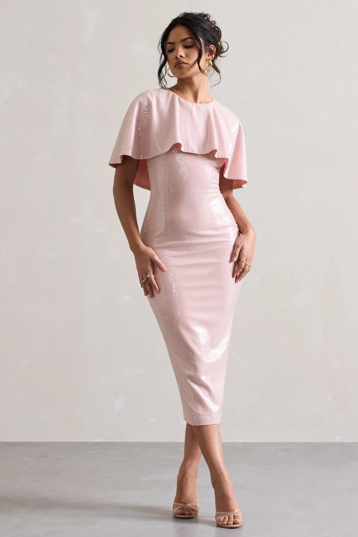 Amelie Pastel Pink Sequin Midi Dress With Cape