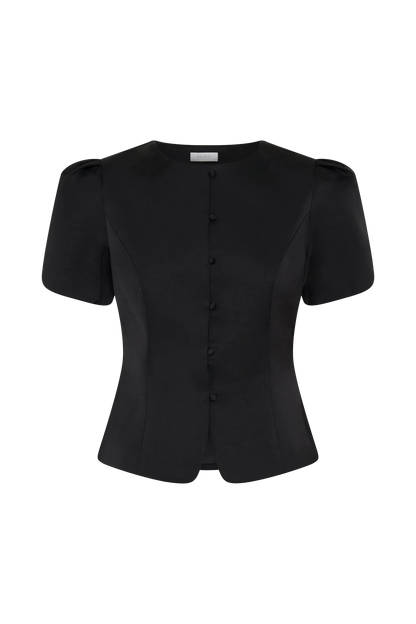 Anne Short Sleeve Satin Top Black