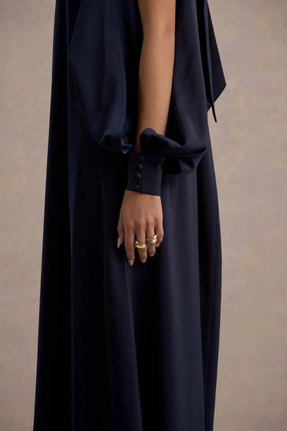 Baila Navy Satin High Neck Cape Sleeve Maxi Dress